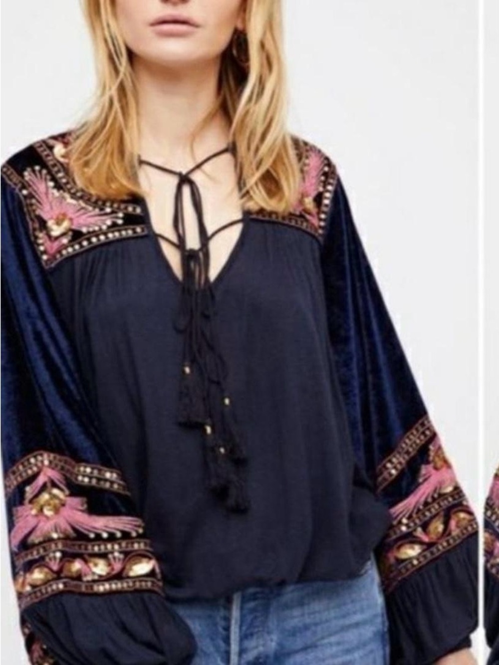 Free people Embroidered Navy Boho Tie-Neck Blouse